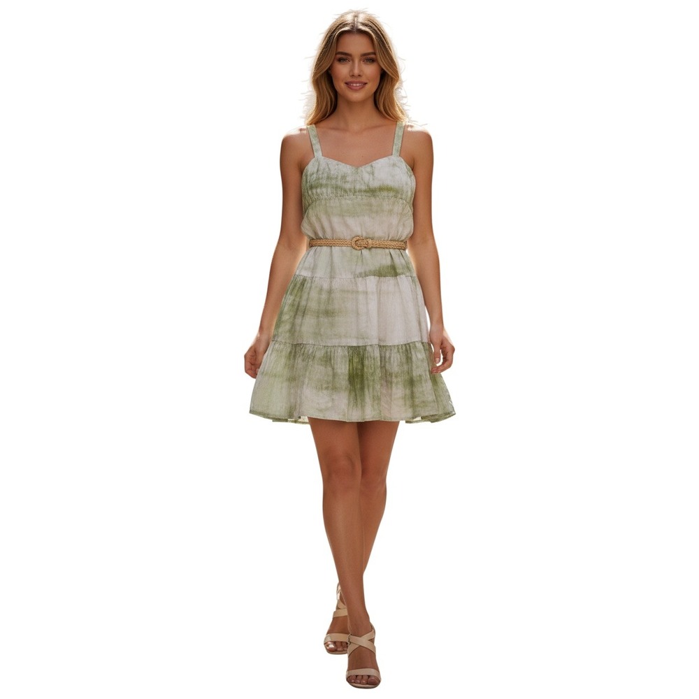 EXPRESS Linen Tie Dye Tiered Mini Sun Dress S Smocked Back Grn White Cottagecore
